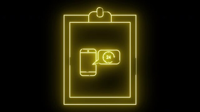 Yellow neon clip art with a cell phone and speech bubble displaying a clock with 24 inside against a black background