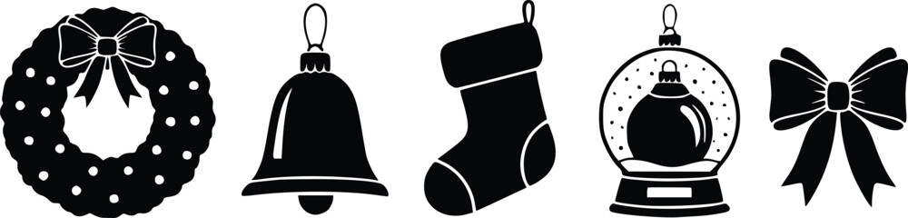 Holiday decorations vector set with Christmas wreath bell stocking snowglobe and bow