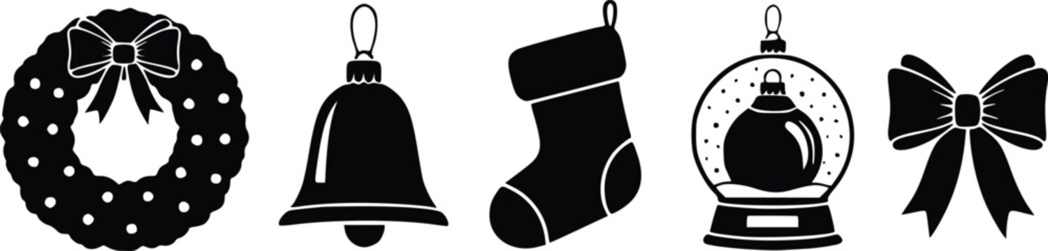 Holiday decorations vector set with Christmas wreath bell stocking snowglobe and bow