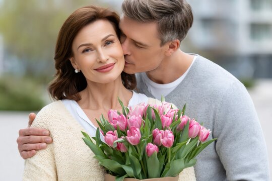 Mature couple sharing romantic kiss with tulips