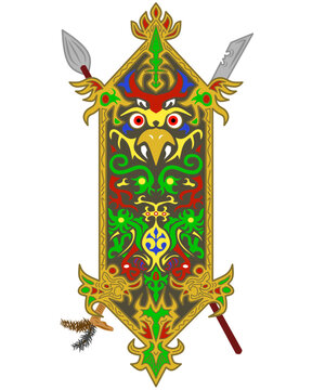 Traditional Dayak shield illustration with intricate colorful patterns, featuring a fierce face motif with decorative spear and sword called Mandau on both sides