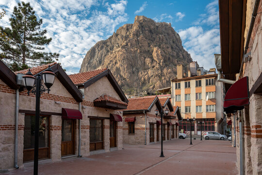 Traditional Afyonkarahisar houses and Afyon Castle in Afyonkarahisar Turkey