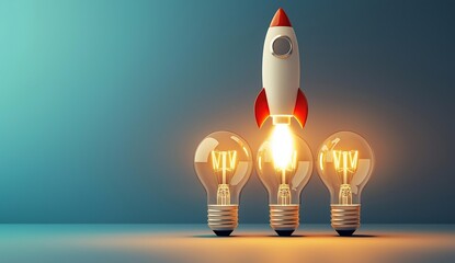 A rocket ship taking off from three glowing light bulbs against a blue background representing the concept of innovative ideas and creativity in business.