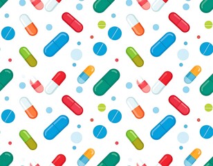 Colorful medication pills and capsules scattered on a white background, a seamless pattern