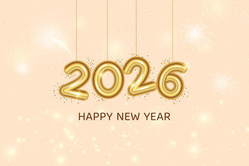Happy 2026 New Year On Beige Background. Vector Illustration Of New Year's Eve Celebration With Fireworks Concept For Greeting Card, Website, Banner Etc.