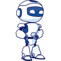 Pixel Art Robot Character Standing Confidently With Hands On Hips White Blue Futuristic Design