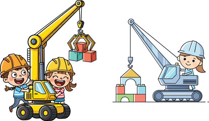 Children, construction, crane, teamwork, engineering, play, building blocks, geometric shapes, helmets, fun, learning, creativity, colorful, lifting, structure, hook, claw,