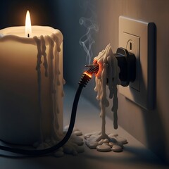 A melting candle with wax dripping down and an electrical plug inserted into an outlet, with wax melting and flowing over the plug and surrounding area, creating a surreal scene