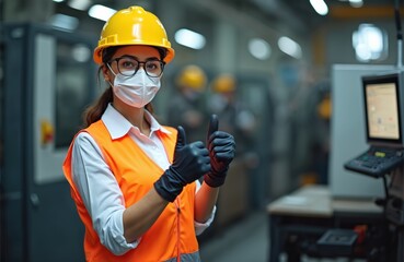 Female factory worker wearing face mask protective gear shows thumbs up gesture at workplace. Woman engineer or technician in a manufacturing plant. Industrial business concept