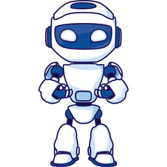 Pixel Art Robot Character Standing On Transparent Background With Blue Accents And White Body.