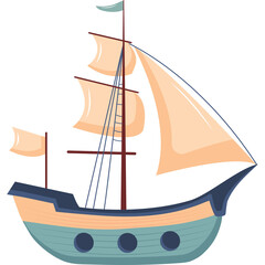 Pixel Art Sailing Ship with Peach Sails and Blue Hull on a Transparent Background