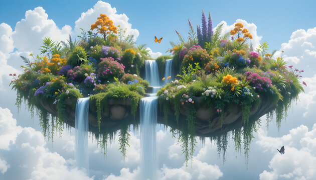 Majestic Floating Island with Lush Greenery, Waterfalls, and Vibrant Flowers in a Cloudy Sky. - Powered by Adobe