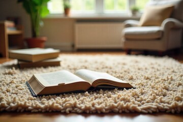 A warm, inviting living room scene with scattered books and a soft rug, implying a shared quiet activity. A softly lit, cozy living room interior. A plush, textured rug covers the floor, with a few