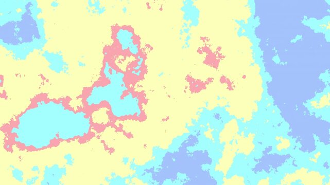 Abstract graphic art with irregular splotches of yellow, blue, pink, and purple colors creating a soft, organic pattern.
