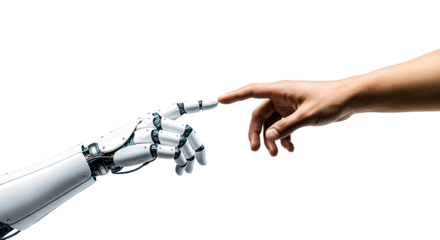 A human hand extends to touch a robotic hand, symbolizing partnership between humans and artificial intelligence in technology.