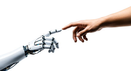 A symbolic image of a human hand extending to touch a robotic hand finger, representing human-machine interaction and collaboration.