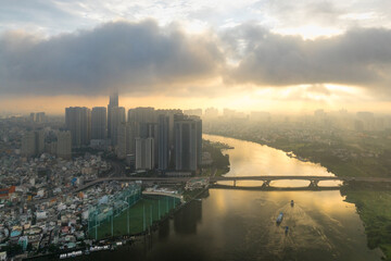 Naklejka premium June 14, 2025: panoramic view of Landmark residential area, where there is an 81-storey building, in Binh Thanh district, Ho Chi Minh City