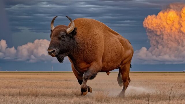 Majestic Bison Running Across Prairie Under Dramatic Sky with Fiery Clouds in the Background