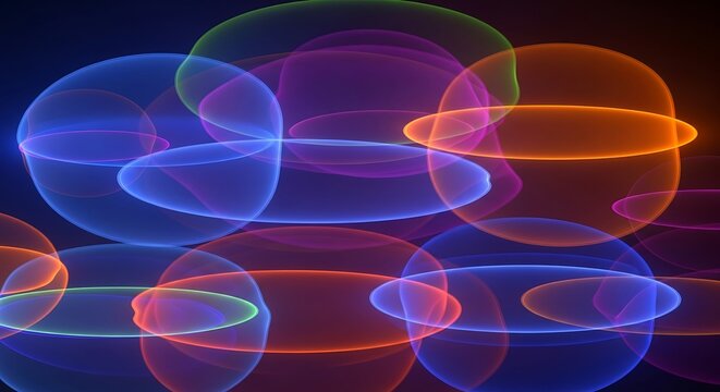 Abstract illuminated spheres blending vibrant colors on dark background