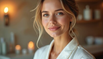 Young woman with clean, fresh skin smiles in spa. Model with perfect skin, white robe. Beauty salon services for wellness, skincare, rejuvenation, facial treatment. Cosmetology, spa care, health