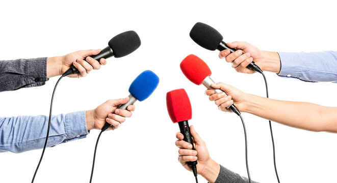 Group of journalists holding various microphones, capturing audio during a press conference or media interview event.