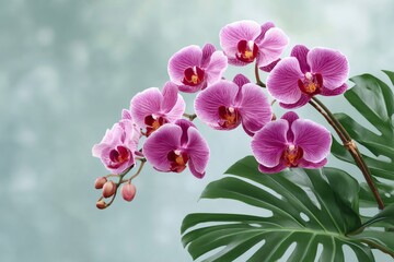 Fototapeta premium Pink Phalaenopsis orchid flowers blossoming with a monstera leaf