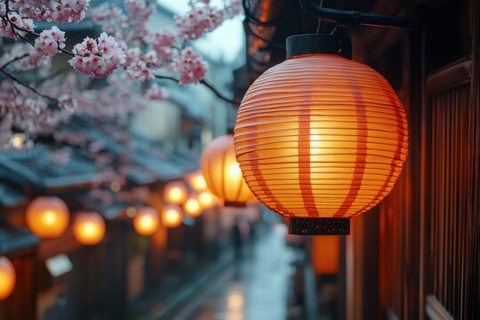 Traditional Japanese lanterns illuminating a Kyoto Gion street at spring evening