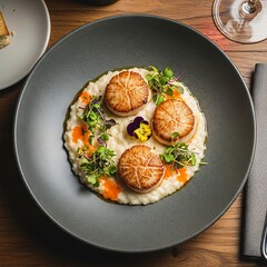 Seared scallops with risotto and garnish served on a gray plate