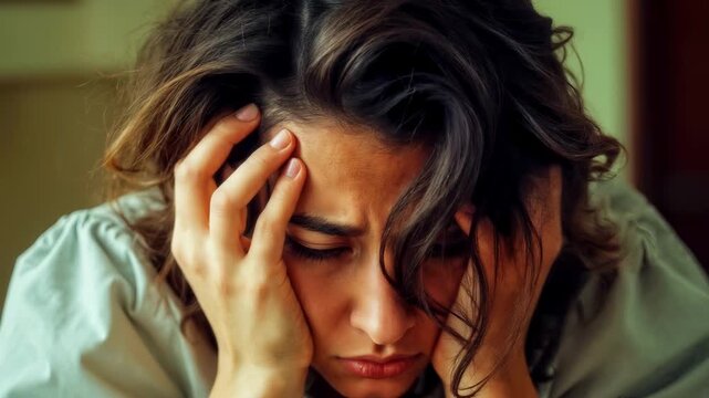 Female PTSD concept: traumatized woman in emotional stress with disheveled hair, presses hands to face