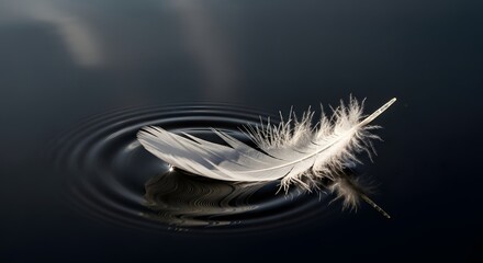 A delicate white feather floats gently on the surface of dark water, creating subtle ripples around it and emphasizing its soft, intricate structure