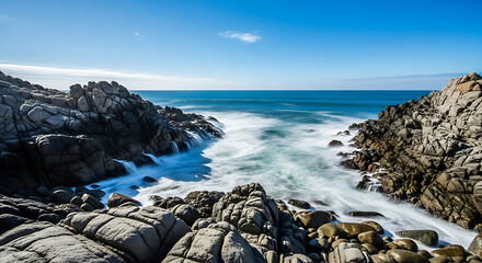Ocean waves crashing against rocky shoreline under a clear blue sky on a sunny day outdoors ai generated