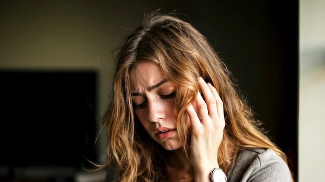 Female PTSD concept: traumatized woman in emotional stress with disheveled hair, presses hands to face