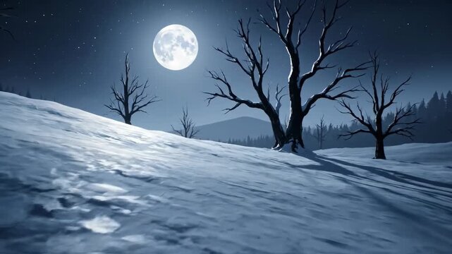 Snowy landscape beneath a full moon with bare trees and starry sky