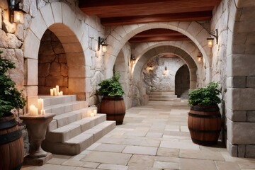 Fototapeta premium Stone cellar arches, candles, and rustic ambiance