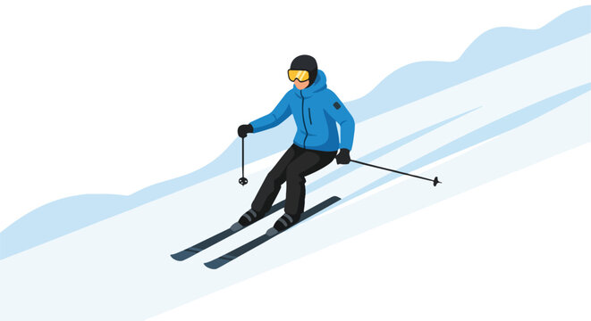 Illustration of a skier in a blue jacket and black pants skiing down a snowy slope with a minimalist design and a clean white background.