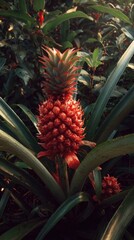 Fototapeta premium Ripe, reddish-orange pineapple plant in lush green foliage. Sunny, natural outdoor shot