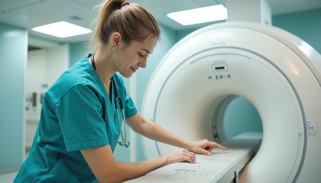 Female doctor in scrubs prepares MRI scanner in hospital. Medical technician working with diagnostic imaging equipment. Woman radiologist at computed tomography machine for patient medical exam in - Powered by Adobe