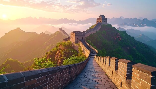 A scenic panoramic view of an ancient structure winding across a mountain range at sunrise. The warm glow paints the distant peaks