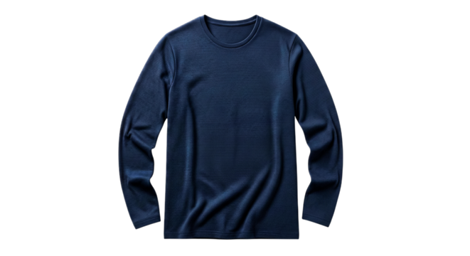 A plain navy blue, long-sleeved crew neck shirt displayed against a clean white background for clarity.