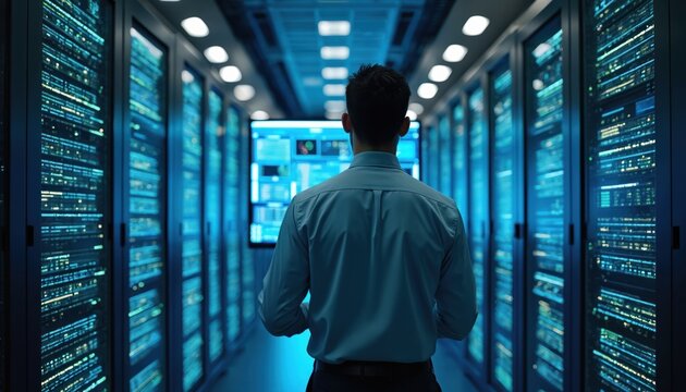 Male tech specialist observes data center filled with servers, glowing screens. Monitors network infrastructure in controlled environment focused on system stability. Image represents digital