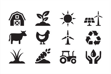 Renewable energy and agriculture icon set with wind turbines, solar panels, and farm elements