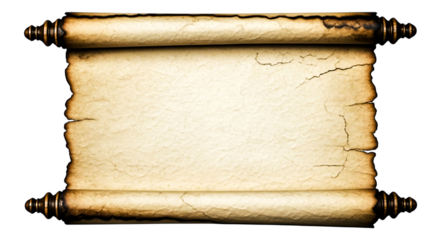 Aged parchment scroll with wooden handles, featuring cracked edges and a blank center, ideal for historical or medieval themes.