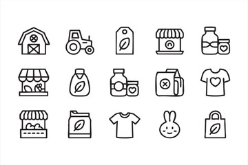 Eco farm and organic market product line icons for sustainable food branding