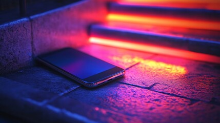 A smartphone rests on steps illuminated by vibrant neon lights. The contrast creates a stylish urban vibe that represents modern technology and nightlife. Generative AI