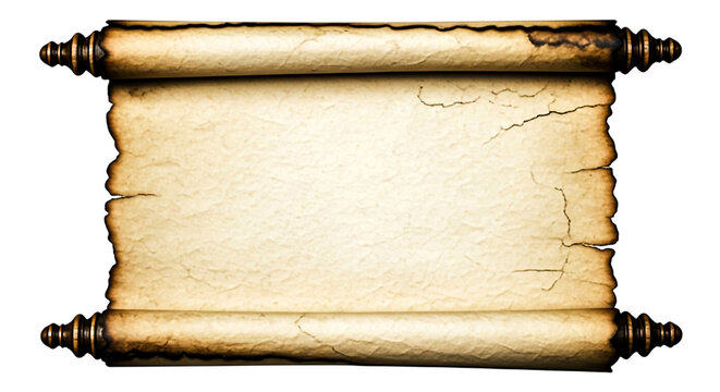 Aged parchment scroll with wooden handles, featuring cracked edges and a blank center, ideal for historical or medieval themes.