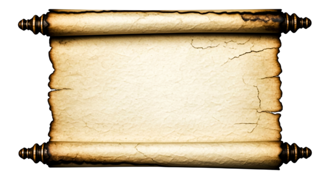 Aged parchment scroll with wooden handles, featuring cracked edges and a blank center, ideal for historical or medieval themes.