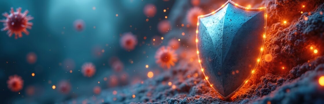 Shield defends against virus. Protection icon safety from disease. Design for health, pandemic management shows shield fortifying safety, medicine, healthcare to control infection. Sturdy defense - Powered by Adobe