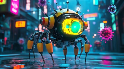 A futuristic robot walks through a neon-lit cityscape. This vibrant scene showcases a blend of technology and creativity. Explore the possibilities of artificial intelligence. Generative AI