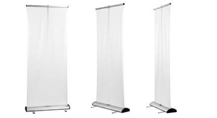 Set of three white retractable roller banners with black bases, perfect for promotional displays and events. Sleek design.