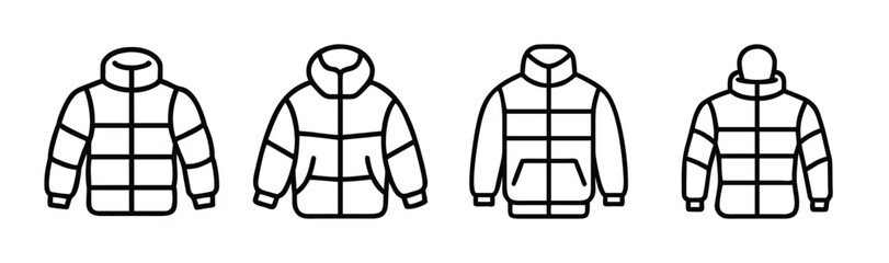 Four puffer jacket icons showing front views of insulated outerwear apparel